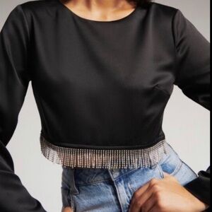 DYNAMITE Satin Long Sleeve Black Blouse Top Rhinestone Fringe Women's Size XL